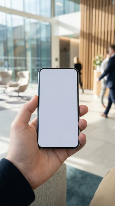 Hand holding a modern smartphone in a modern office lobby