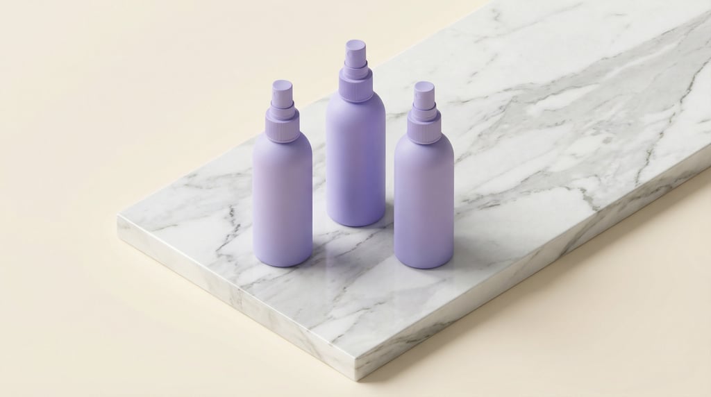 Isometric view, spray bottle in matte lavender, three arranged in a triangle