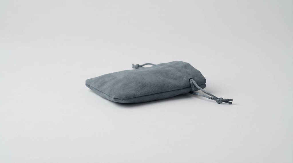 Small jewelry bag in matte slate grey, lying on its side