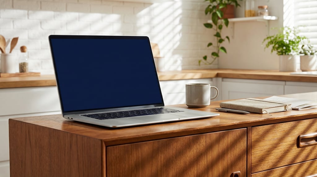 Thin modern laptop on a mid-century modern credenza, blank solid navy screen with no content or UI