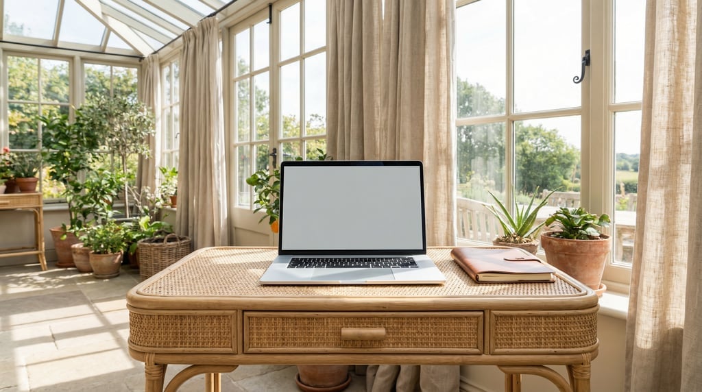Sleek laptop on a rattan desk, blank solid dove grey screen with no content or UI
