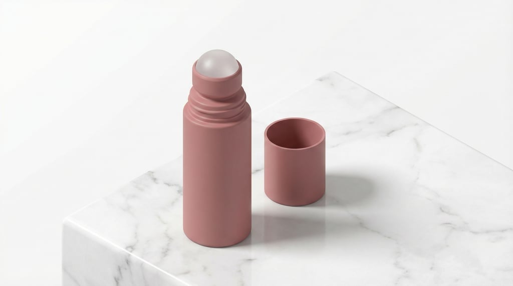 Isometric view, roll-on bottle in matte dusty rose, single with cap removed beside it