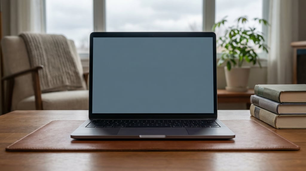 Sleek laptop on a leather desk pad, blank solid slate screen with no content or UI