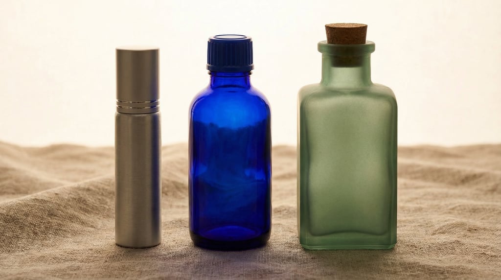 Roll-on bottle in brushed aluminum and round glass bottle with cap in cobalt blue glass and medicine