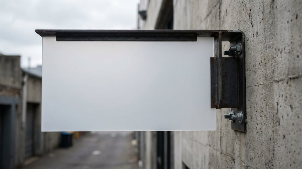 Metal bracket blade sign mounted on raw concrete wall