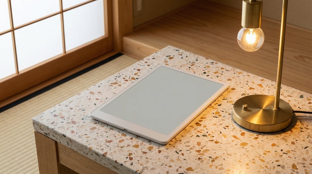 E-reader device on a terrazzo surface, blank solid pale grey screen with no content or UI