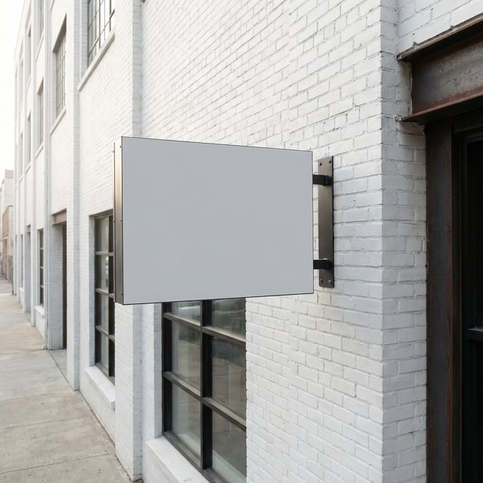 Canopy-mounted sign mounted on a white brick wall