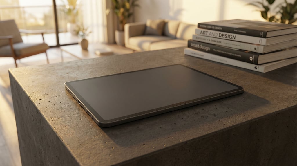 Tablet on a dark concrete surface, blank solid dark grey screen with no content or UI