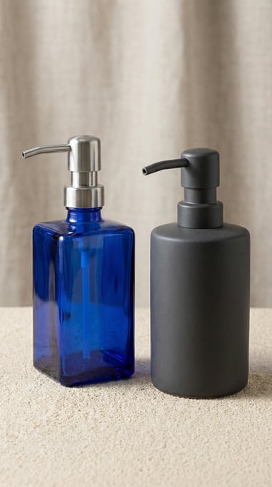 Square glass bottle in cobalt blue glass and pump dispenser bottle in matte charcoal