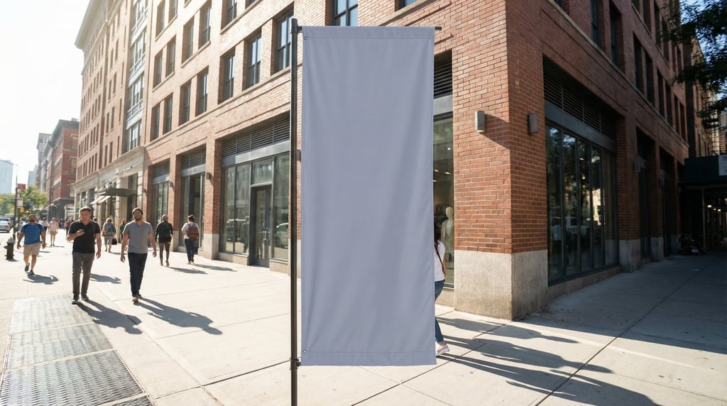 Tall vertical banner flag on a pole on a city sidewalk
