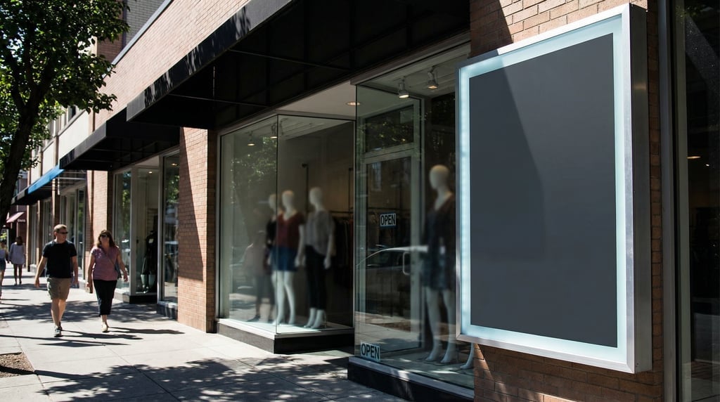 Backlit lightbox sign beside a retail storefront