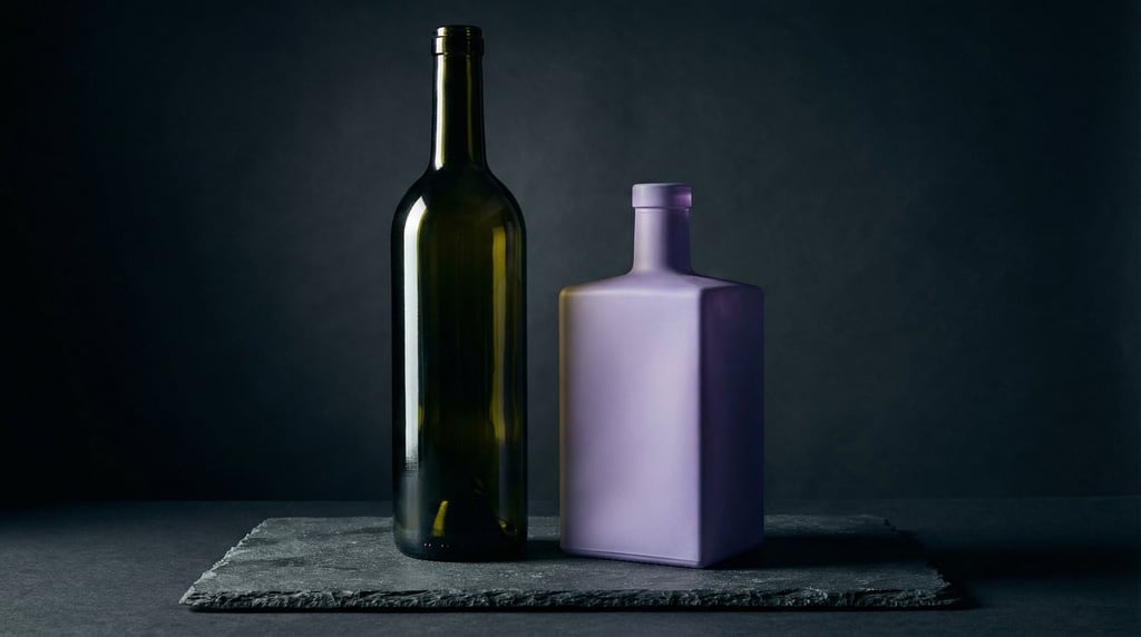 Wine bottle in dark green glass and square glass bottle in matte lavender