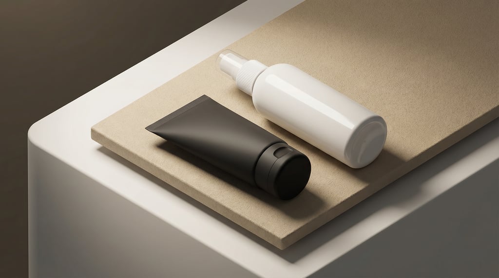 Isometric view, flip-top squeeze bottle in matte black and spray bottle in glossy white