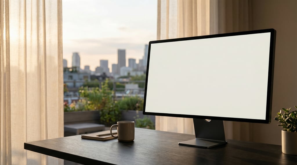 Large desktop monitor on a dark matte desk, blank solid off-white screen with no content or UI