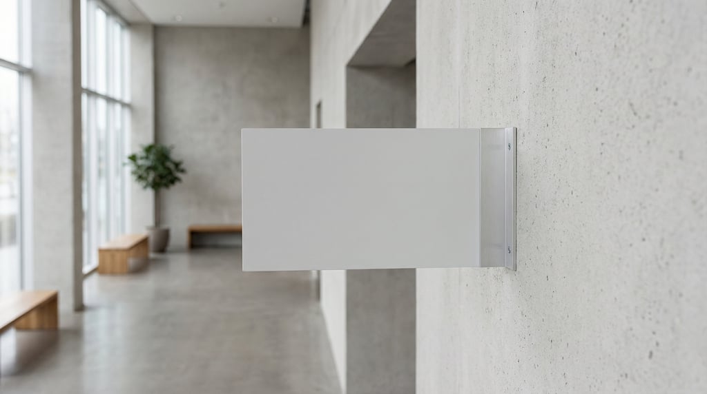 Metal bracket blade sign in a modern minimal lobby interior