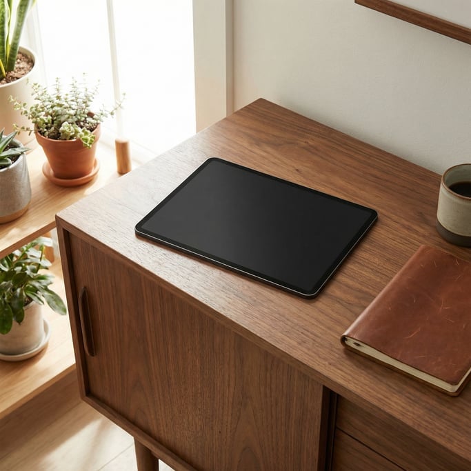 Slim tablet on a mid-century modern credenza, blank solid matte black screen with no content or UI