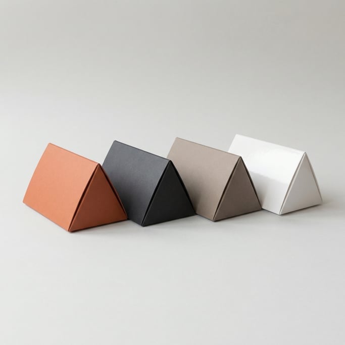 Triangular prism box, three boxes in a row, each a different color — matte terracotta