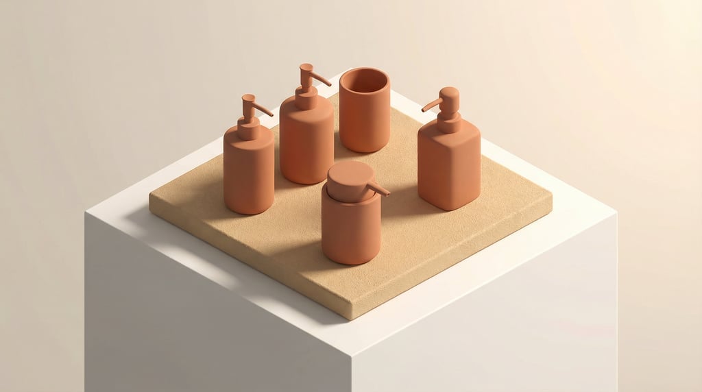 Isometric view, soap dispenser in matte terracotta, group of five arranged casually