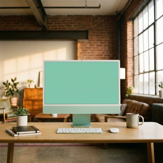 Modern all-in-one computer on a bamboo desk, blank solid seafoam screen with no content or UI