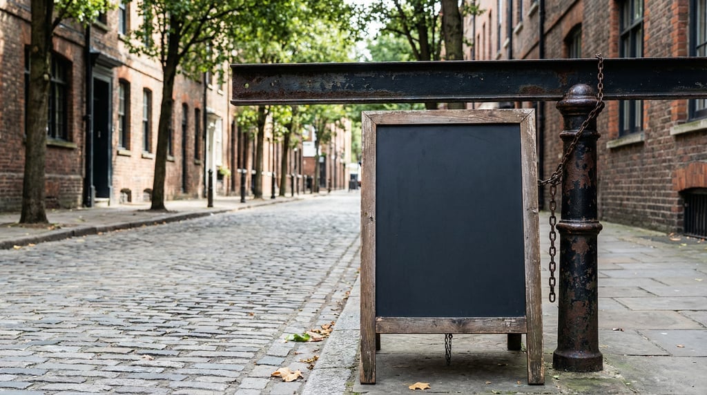 Sandwich board sign attached to a metal beam