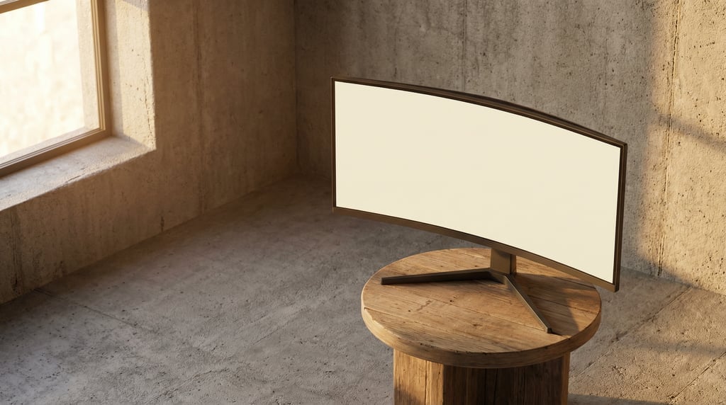 Curved gaming monitor on a round wooden side table, blank solid ivory screen with no content or UI