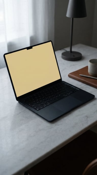 Premium laptop on a pale marble surface, blank solid pale gold screen with no content or UI
