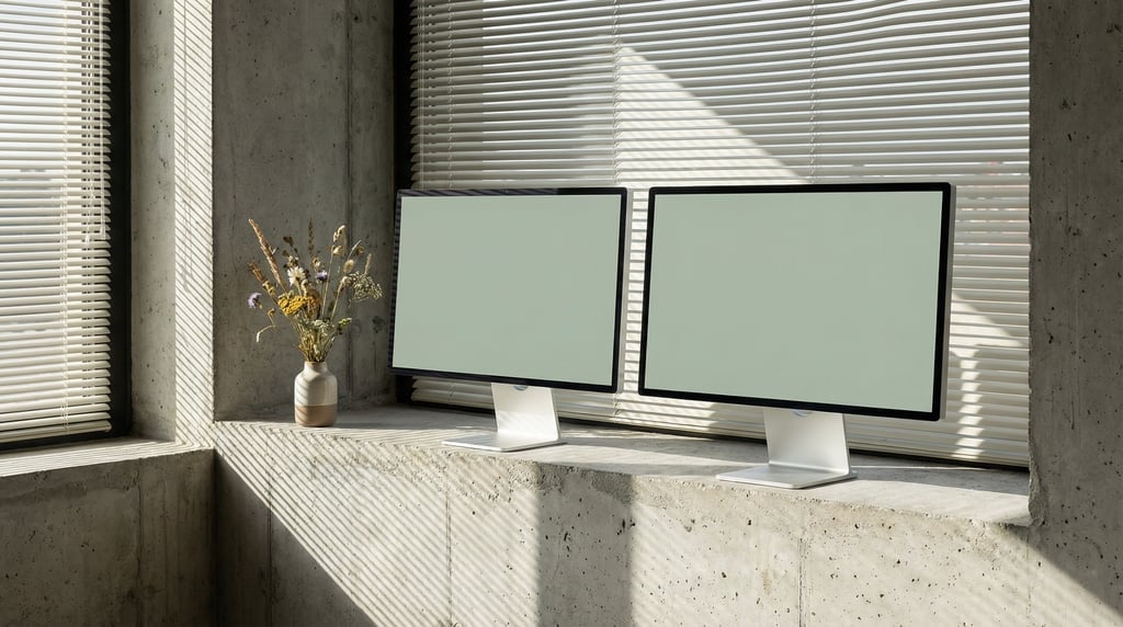 Dual monitor setup on a window ledge, blank solid soft sage screen with no content or UI