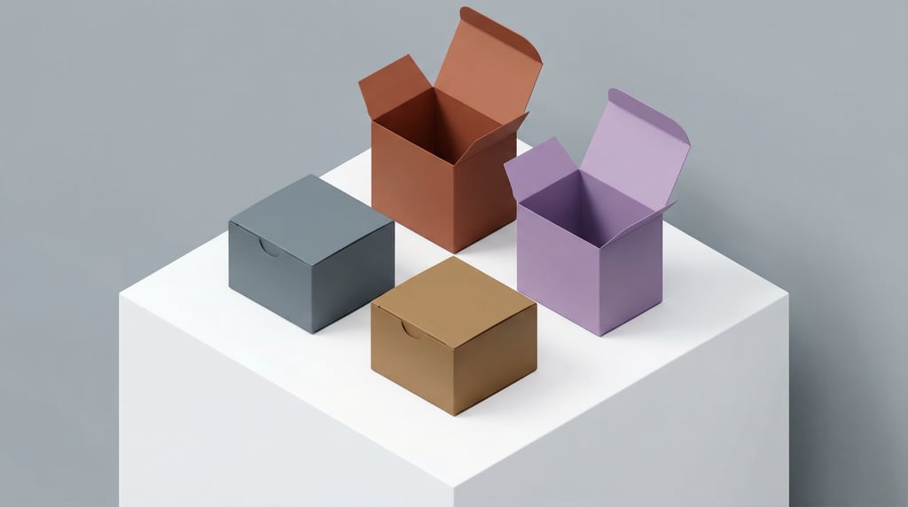 Isometric view, tuck-end box, pair of boxes one open one closed