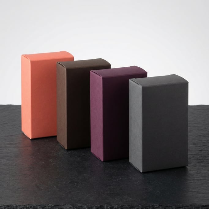 Premium product box, four boxes arranged at slight angles, each a different color — matte coral