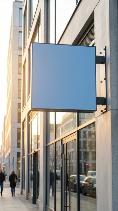 Double-sided projecting sign in front of a modern building