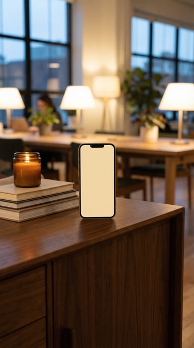 Slim smartphone on a mid-century modern credenza