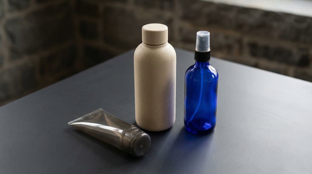Cosmetic tube in smoked glass and water bottle in matte sand and spray bottle in cobalt blue glass