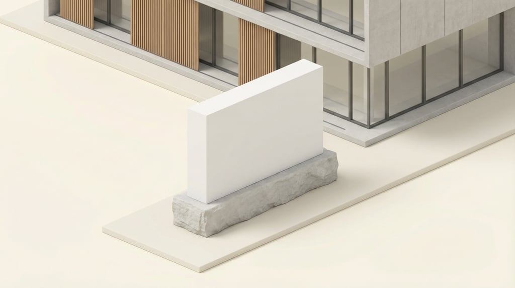 Isometric view, monument sign on a stone base in front of a modern building