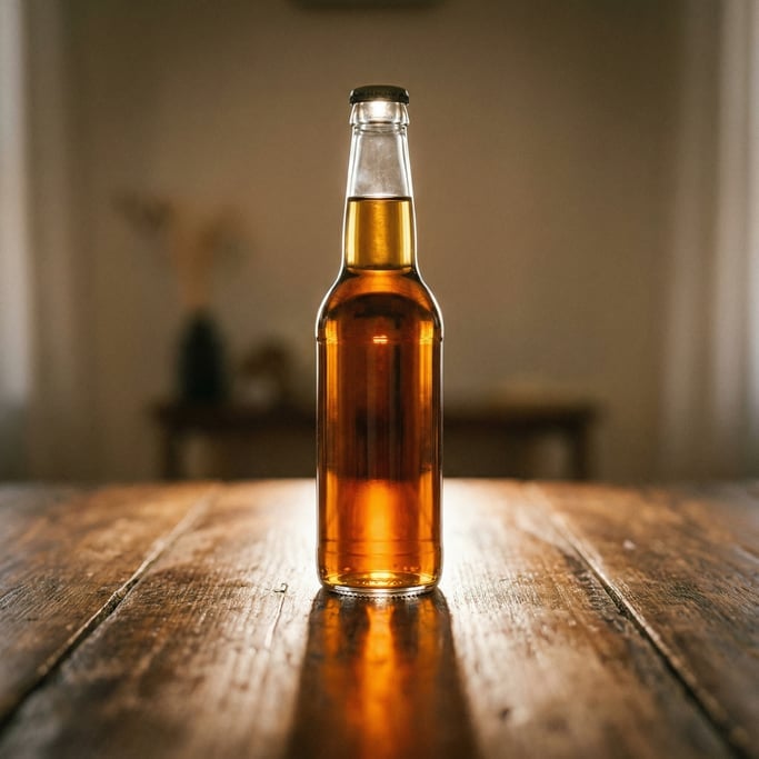 Beer bottle in clear glass, single with reflection below