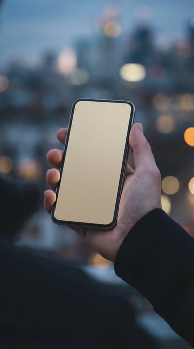 Hand holding a modern smartphone against a dark blurred background