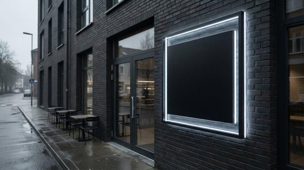 Illuminated channel letter sign outline beside a glass entrance door