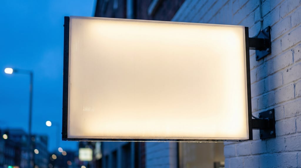 Large rectangular wall sign mounted on a white brick wall