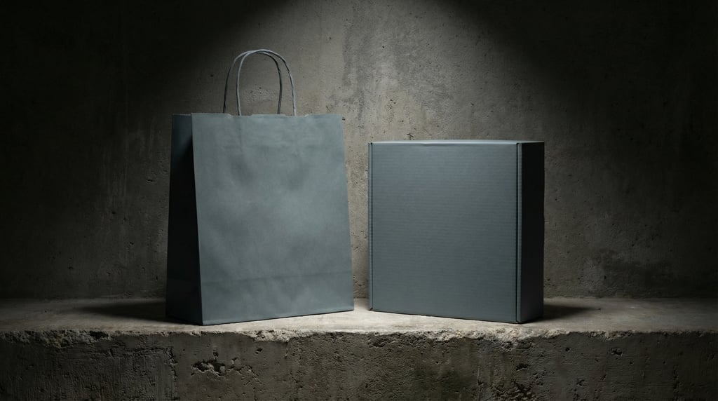 Kraft paper shopping bag in matte slate grey, next to a matching box
