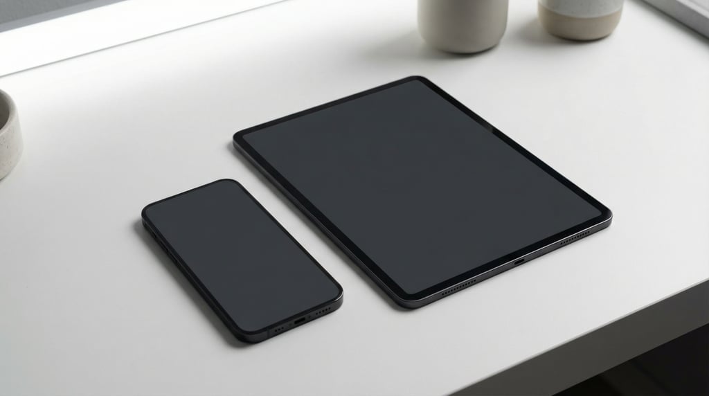 Phone lying next to a tablet on a clean minimal white desk