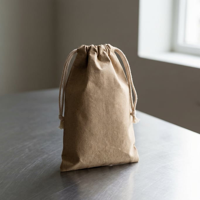 Drawstring pouch bag in kraft brown, standing upright
