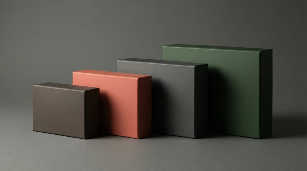 Premium product box, row of boxes in graduated sizes, each a different color — matte warm grey