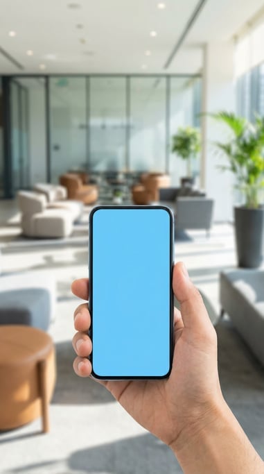 Hand holding a smartphone in a modern office lobby
