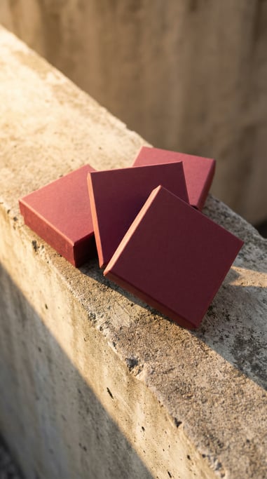 Small square gift box, three boxes fanned out, matte burgundy finish