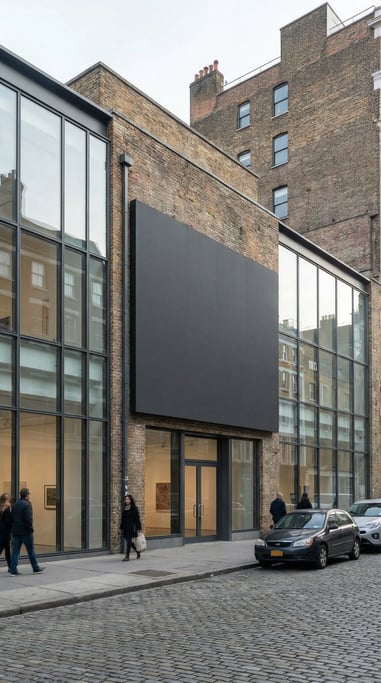 Large rectangular wall sign in a bright gallery-style interior