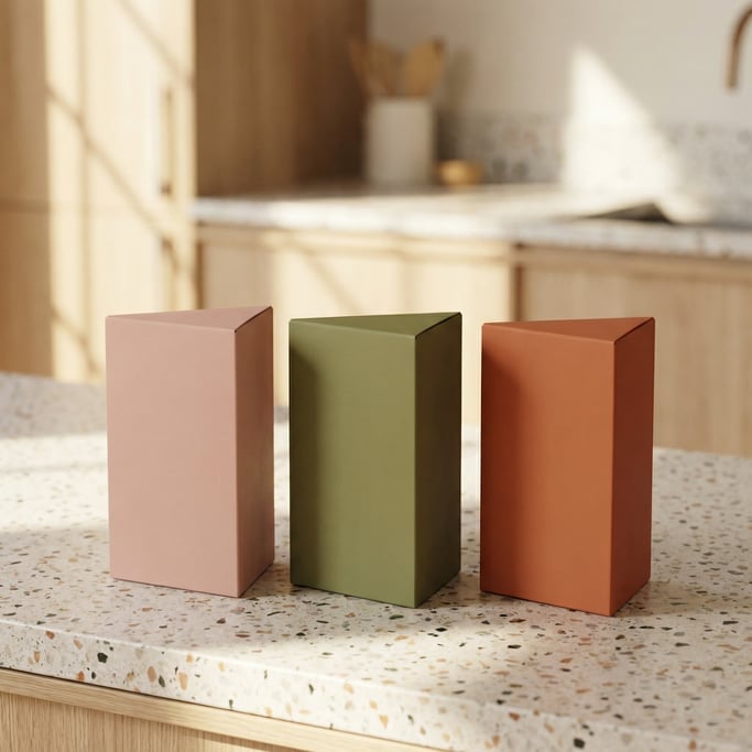 Triangular prism box, three boxes in a row, each a different color — matte blush, matte olive —