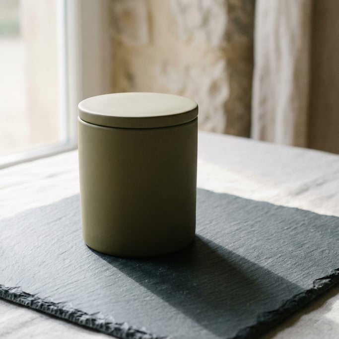 Candle jar with lid in matte olive, single with shadow study