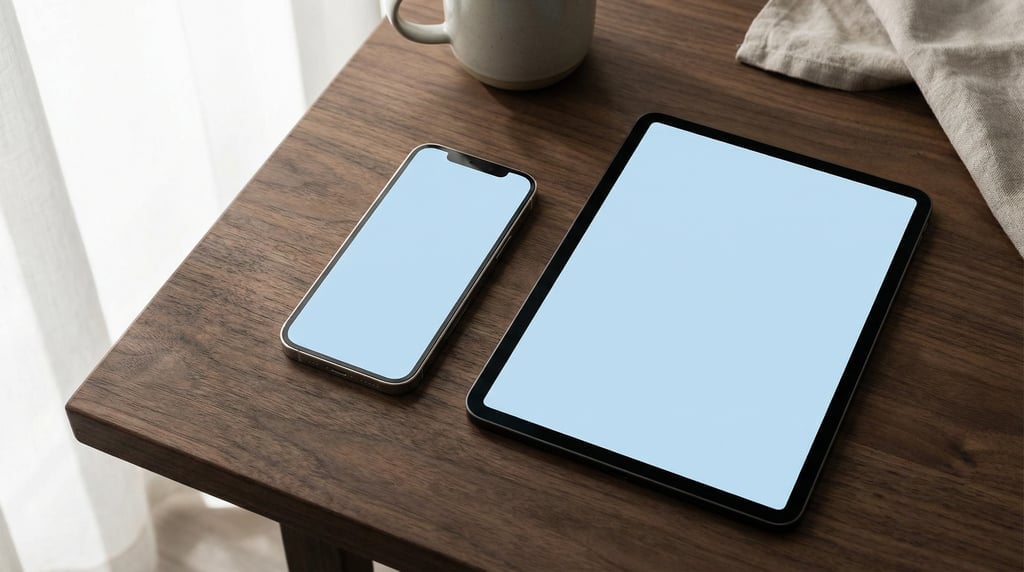 Phone lying next to a tablet on a dark walnut desk