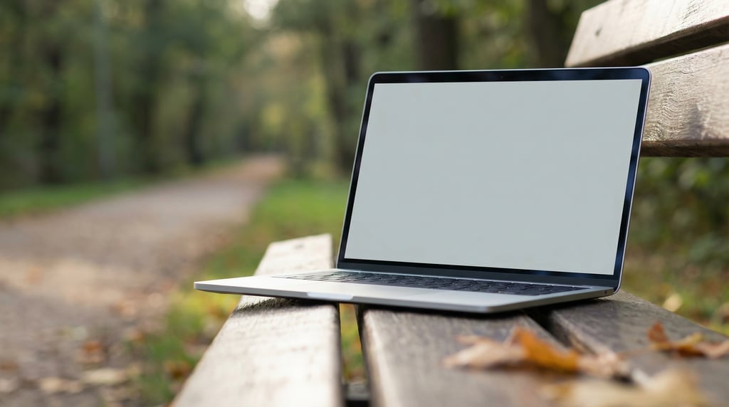 Sleek laptop on a park bench, blank solid light grey screen with no content or UI