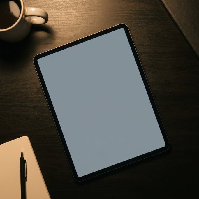 Tablet face up on a dark matte desk, blank solid cool grey screen with no content