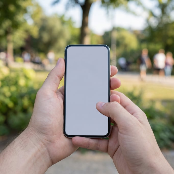 Two hands holding from first-person perspective over a blurred outdoor scene